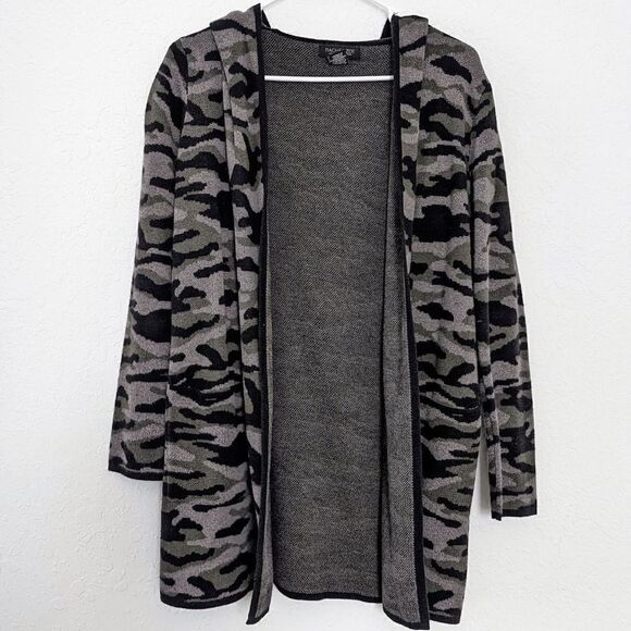 Women's Rachel Zoe Hooded Cardigan Sweater Green Black Camo Print Small Pockets - Picture 2 of 10